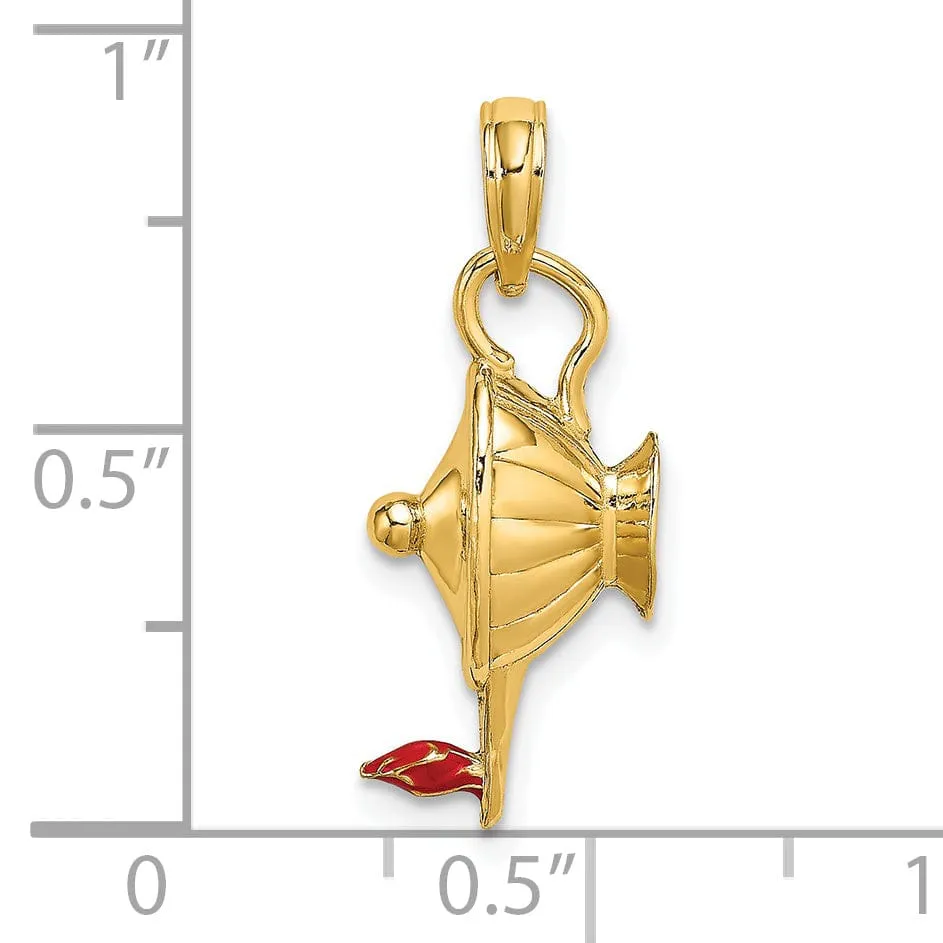 14K Yellow Gold Polished with Red Enamel Finish 3-Dimensional Genie Lamp Charm Pendant