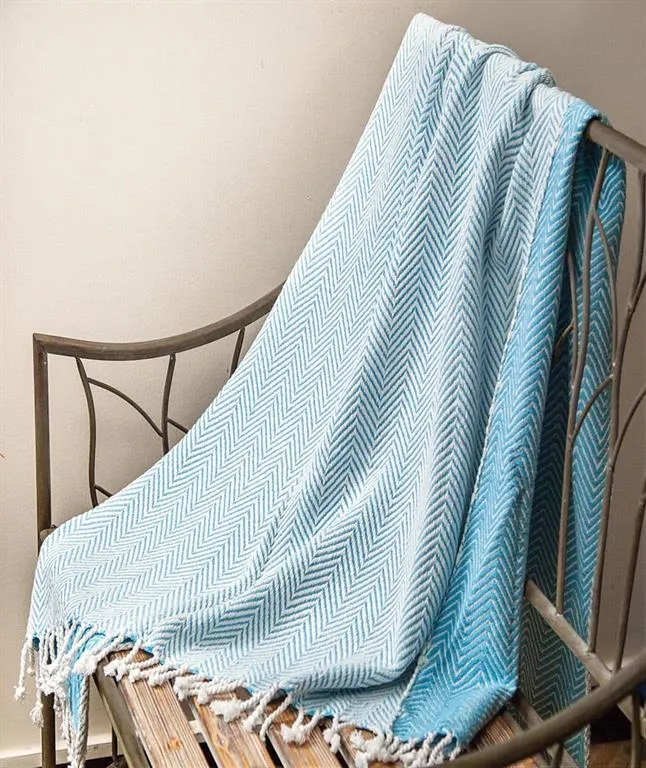 Aquamarine Chevron Cotton Woven Throw Blanket