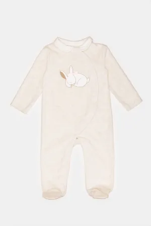 Babies Beige Collared Velour Sleepsuit With Applique