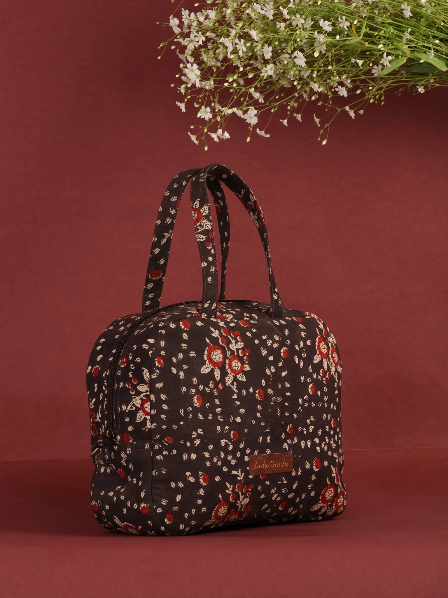 Brown Red Hand Block Printed Bucket Style Hand Bag - B0703