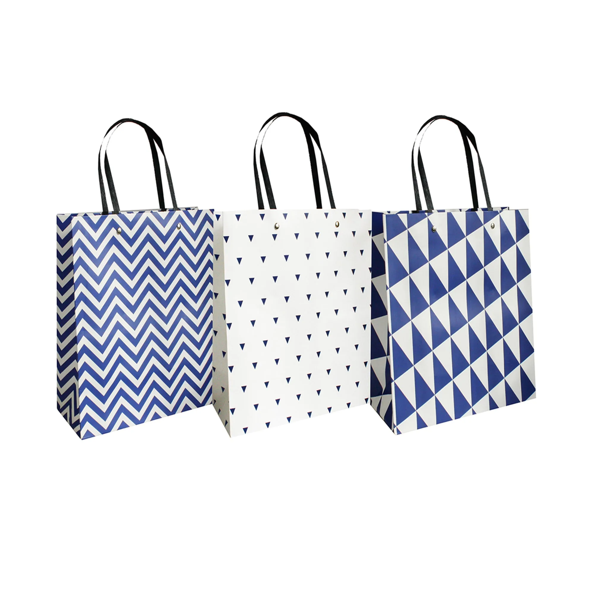 Chic Geometric Patterned Gift Bags - Set Of 3, Blue And White