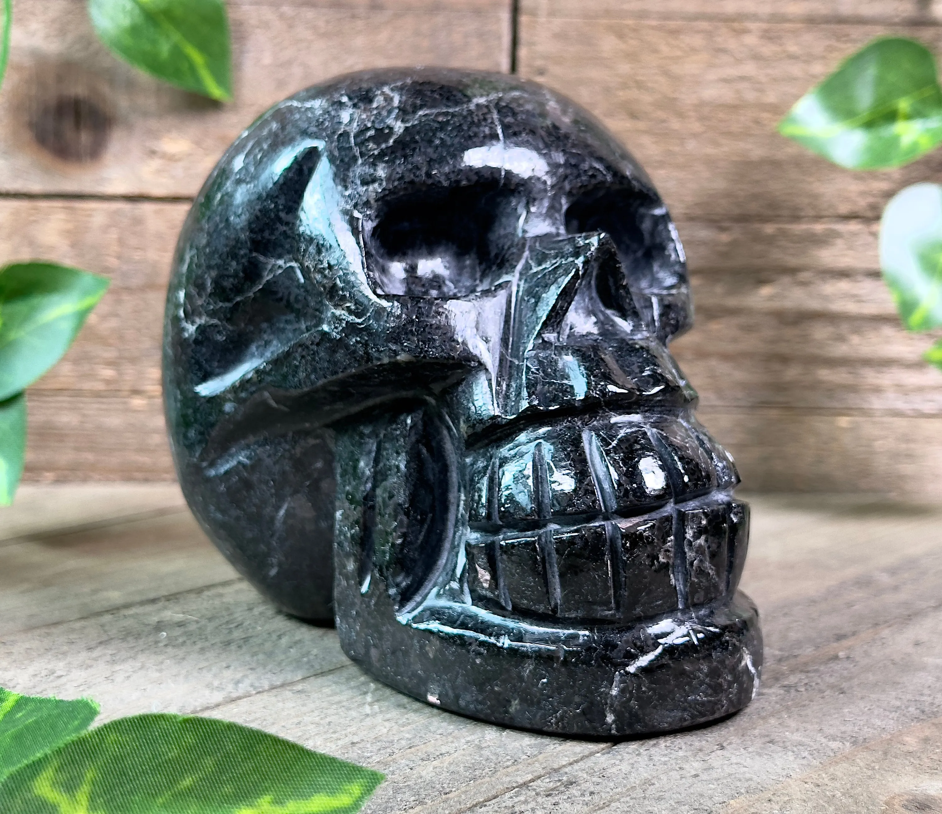 COPPERNITE Indian NUUMMITE Crystal Skull - Large - Gothic Home Decor, Memento Mori, Halloween Decor, 53127