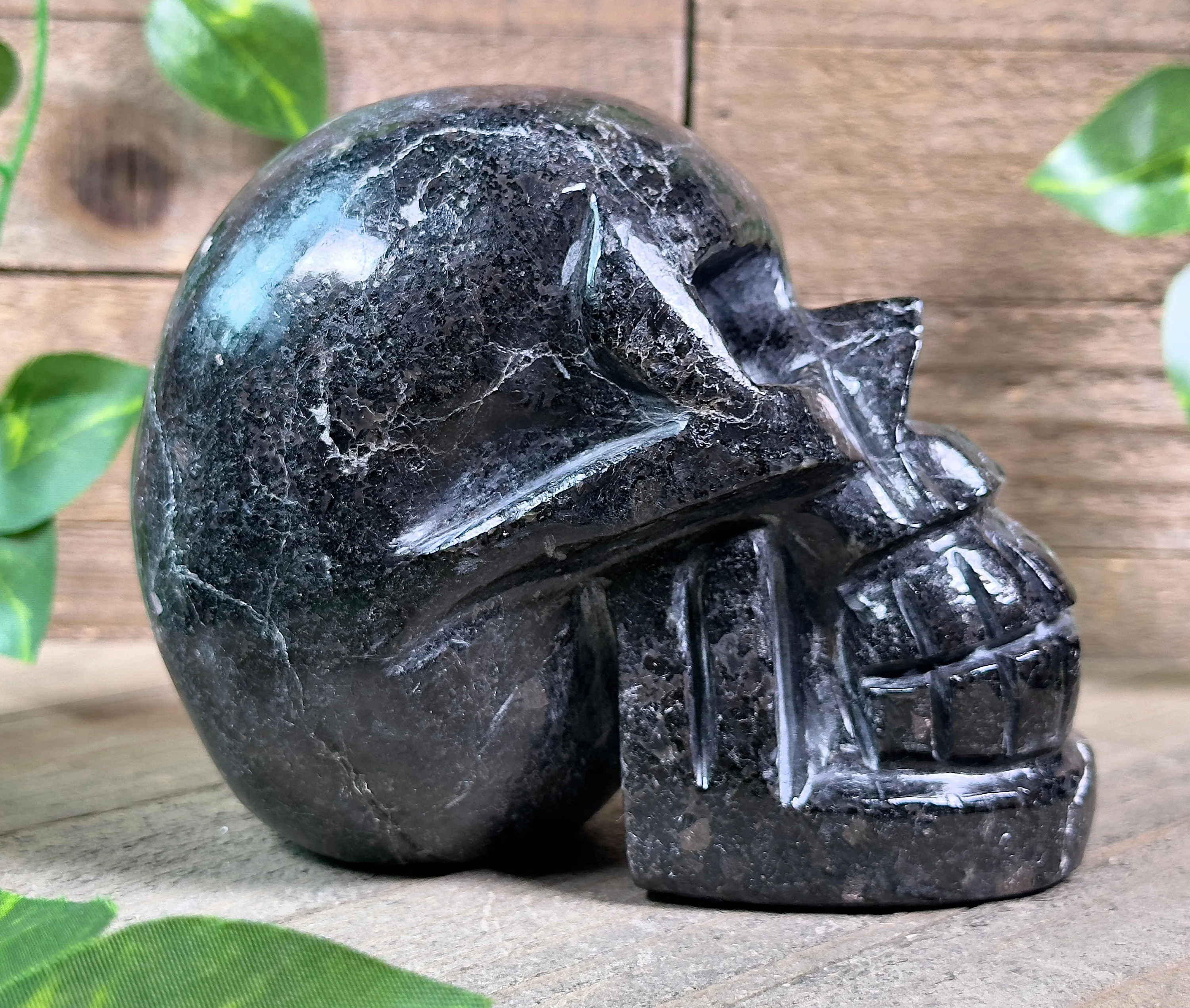 COPPERNITE Indian NUUMMITE Crystal Skull - Large - Gothic Home Decor, Memento Mori, Halloween Decor, 53127