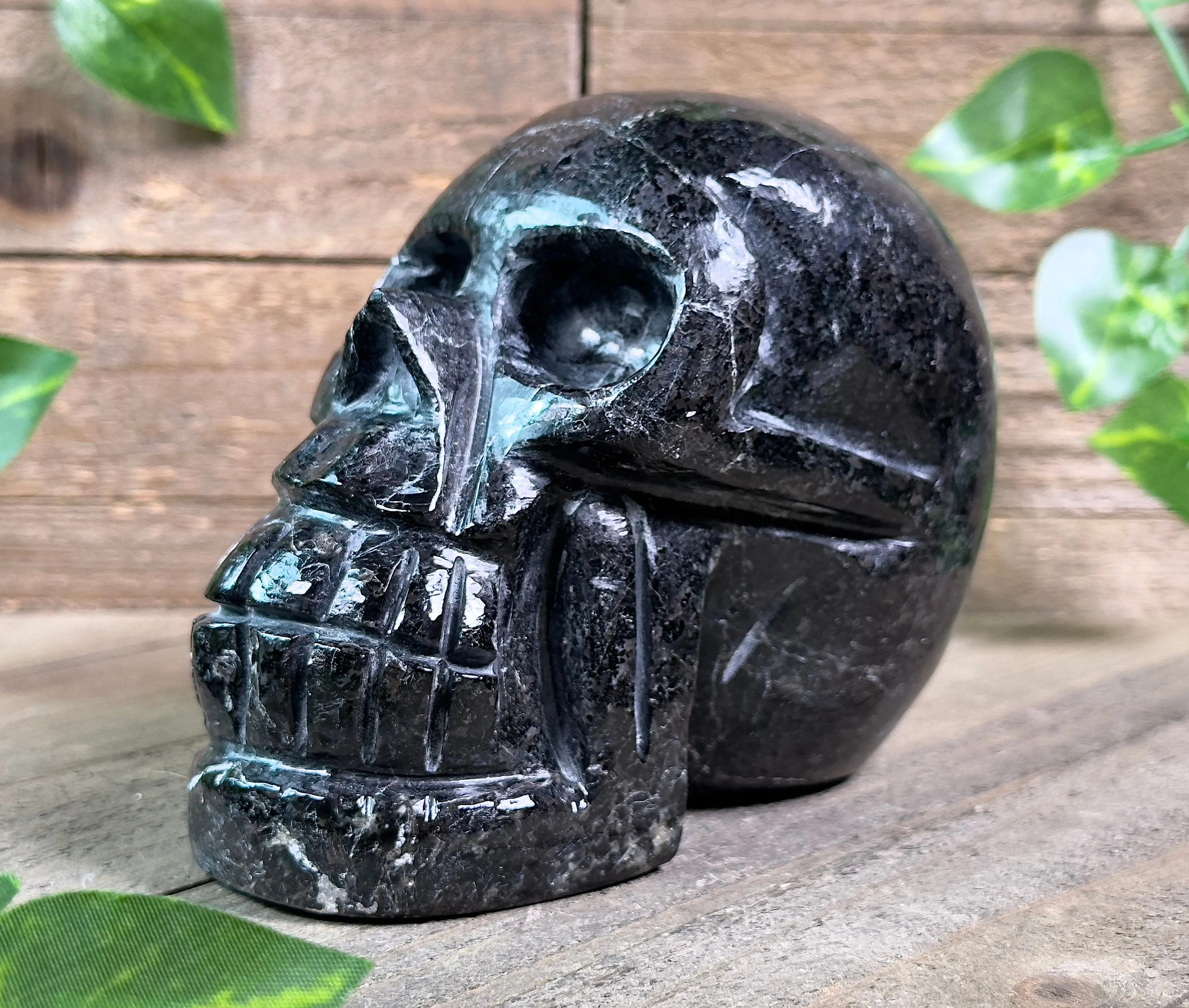 COPPERNITE Indian NUUMMITE Crystal Skull - Large - Gothic Home Decor, Memento Mori, Halloween Decor, 53127