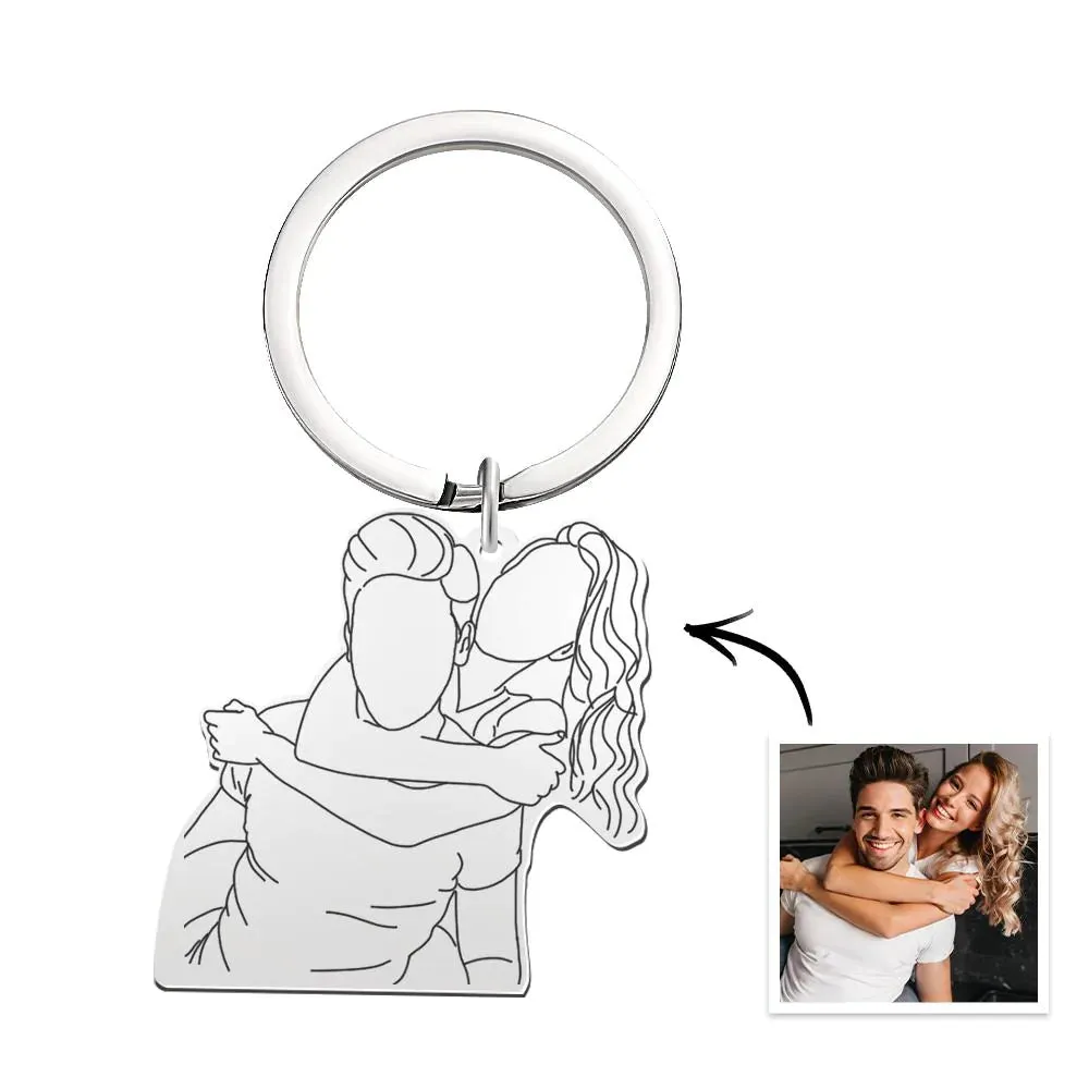 Custom Hand-drawing Engraved Keychain Stainless Steel Memorial Gifts Line Art Gift for Him