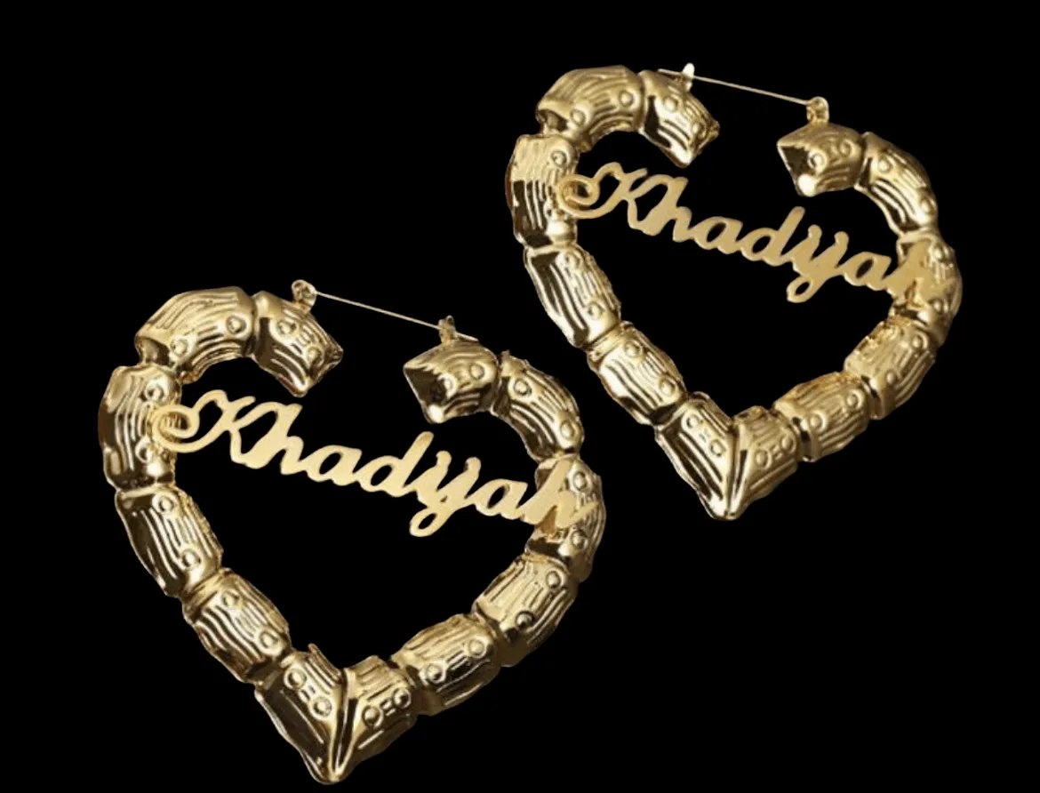 Custom Name Gold-Plated Stainless Steel Heart Bamboo Hoop Earrings