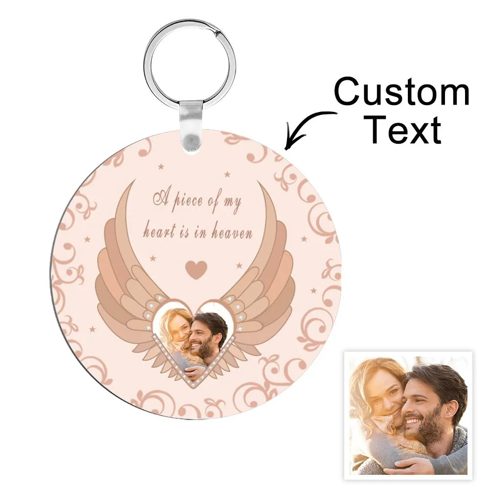 Custom Photo Engraved Keychain Round Memorial Pink Angel Wings Photo Keychain