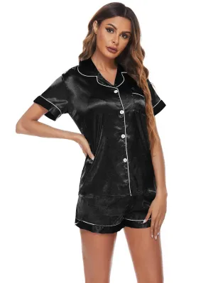 Elowel Silk Satin Pajama Set for Women - Black Silk Pajamas-Button Down Sleepwear -Short Sleeve Satin Pajamas Women Loungewear Color Black