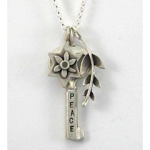 Emily Rosenfeld Shalom/Peace Key Charm Necklace with Star of David and Leaf