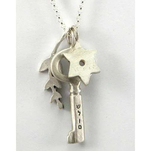 Emily Rosenfeld Shalom/Peace Key Charm Necklace with Star of David and Leaf