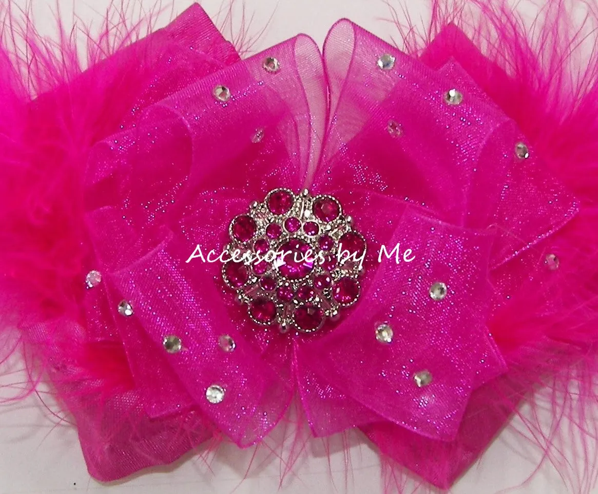 Glitzy Fuchsia Pink Organza Marabou Hair Bow