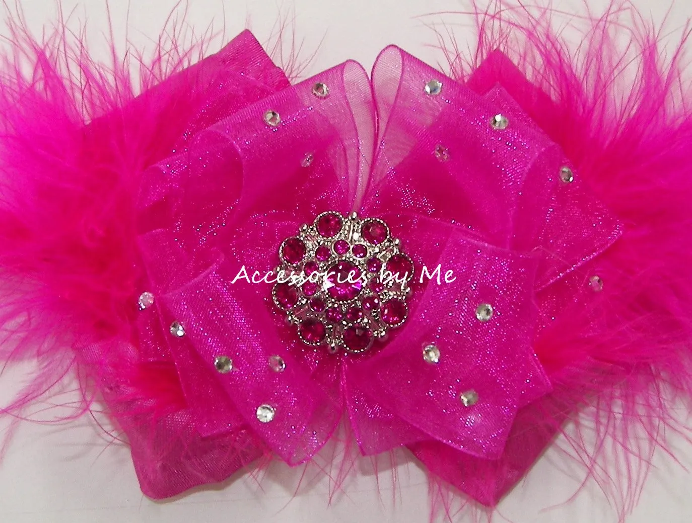 Glitzy Fuchsia Pink Organza Marabou Hair Bow