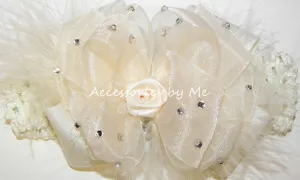 Glitzy Ivory Organza Marabou Bow Headband