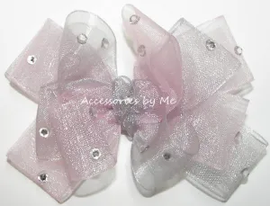 Glitzy Light Pink Silver Organza Hair Bow