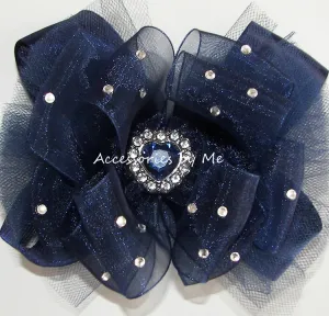 Glitzy Navy Blue Organza Tutu Hair Bow