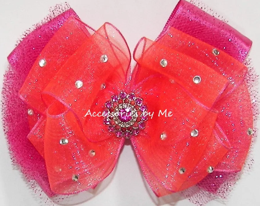 Glitzy Neon Coral Shocking Pink Tutu Hair Bow