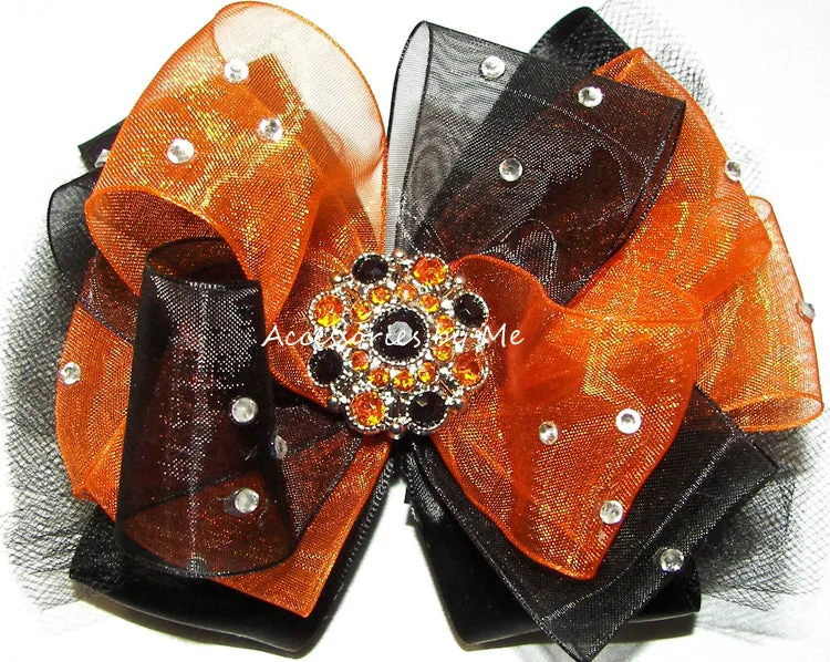 Glitzy Orange Black Organza Tutu Hair Bow