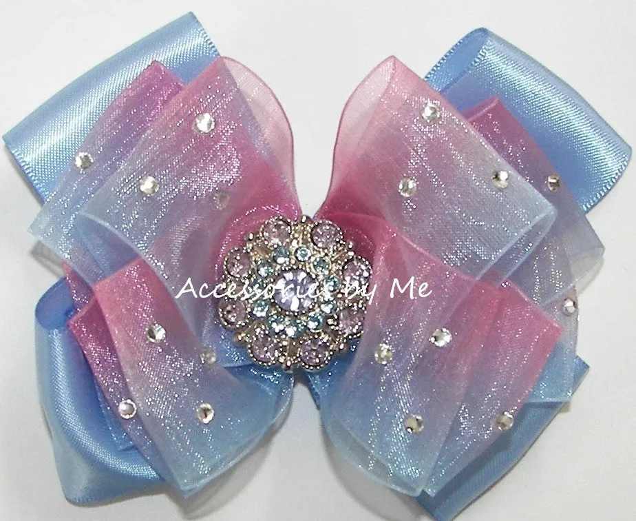 Glitzy Pink Blue Ombre Organza Satin Hair Bow