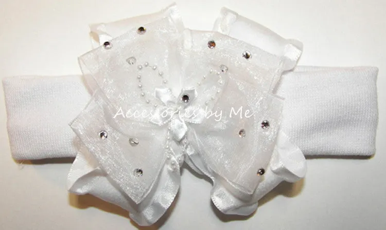 Glitzy White Organza Ruffle Pearl Bow Headband