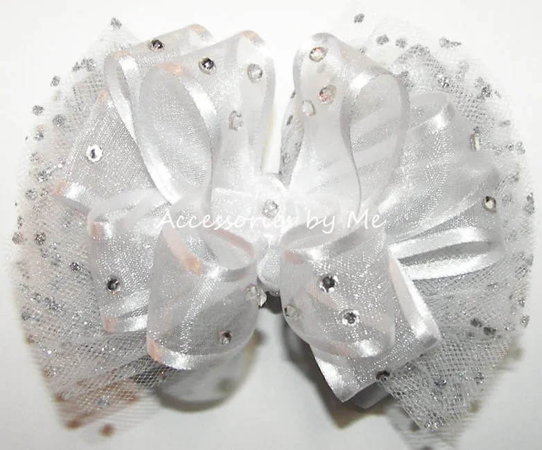 Glitzy White Silver Tutu Hair Bow