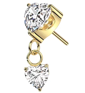 Gold PVD Double Heart Dangle CZ Threadless Titanium Top