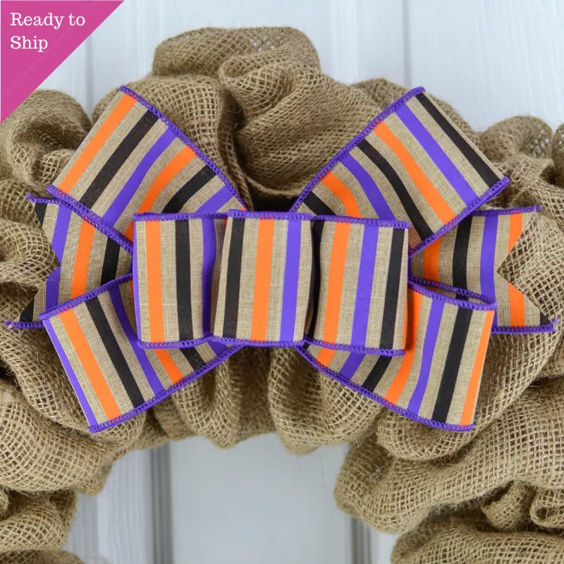 Halloween Striped Wreath Bow - Orange Purple Black Burlap Wreath Embellishment for Making Your Own