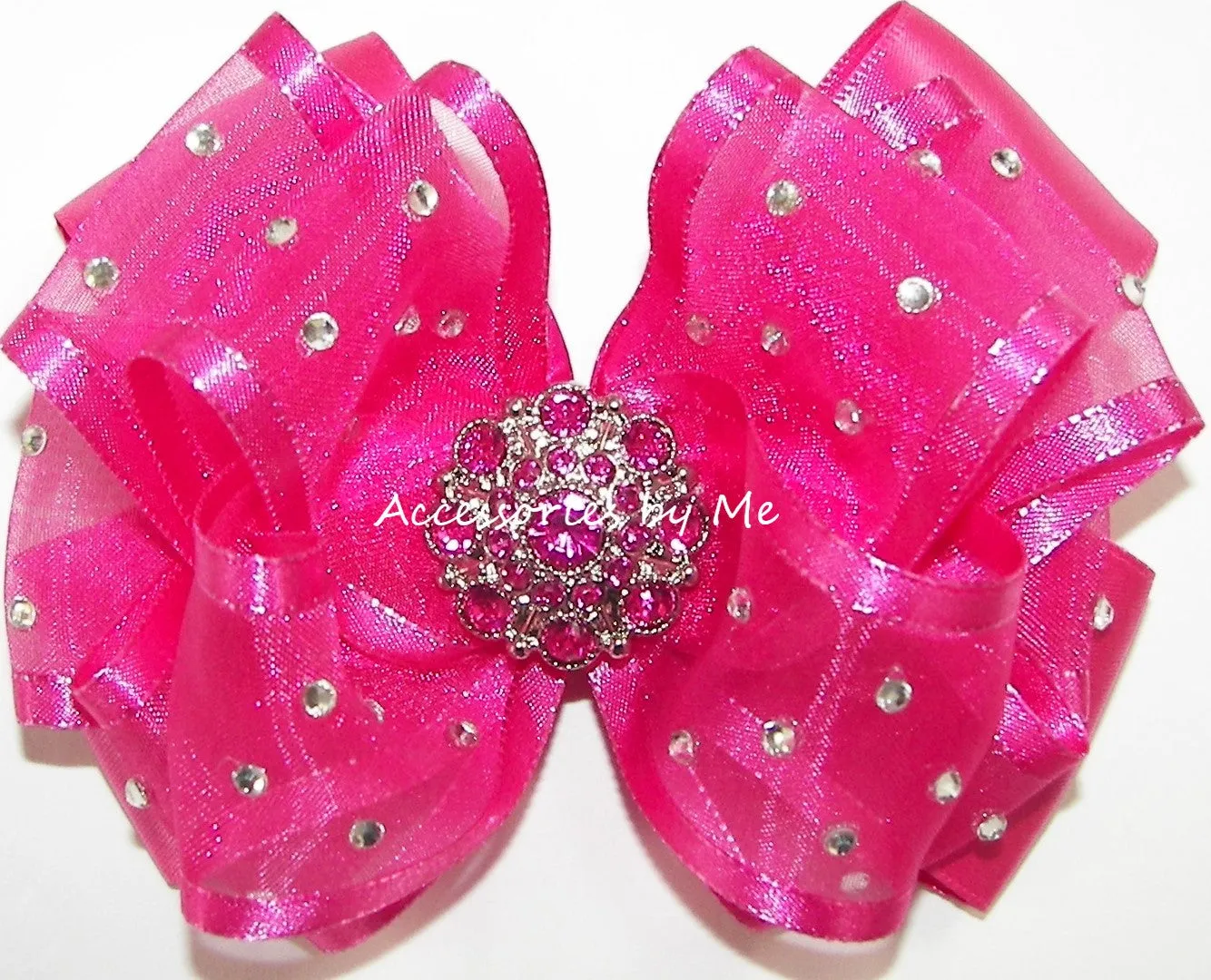 High Glitz Shocking Pink Organza Satin Trim Hair Bow