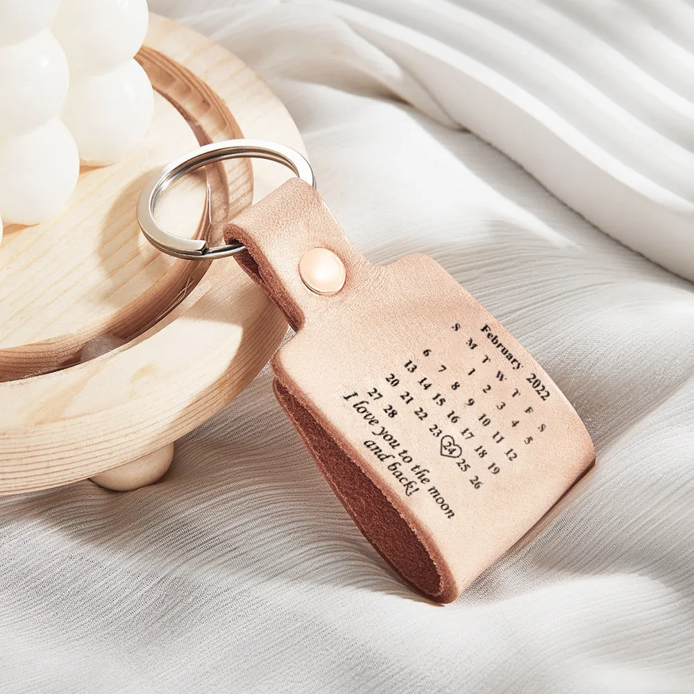 Personalized Calendar Leather Keychain Custom Engraved Date Elegant Keyring Anniversary Gift