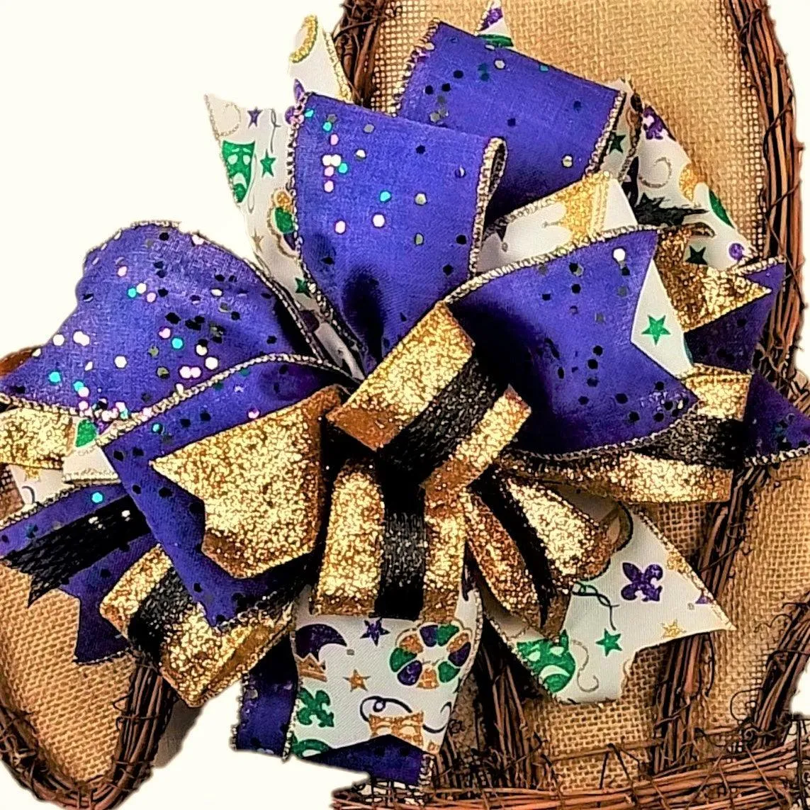 Purple Green Gold Fat Tuesday Lantern Wreath Bow - Burlap Wreath Embellishment for Making Your Own - Layered Full Handmade Farmhouse Already Made (Mardi Gras