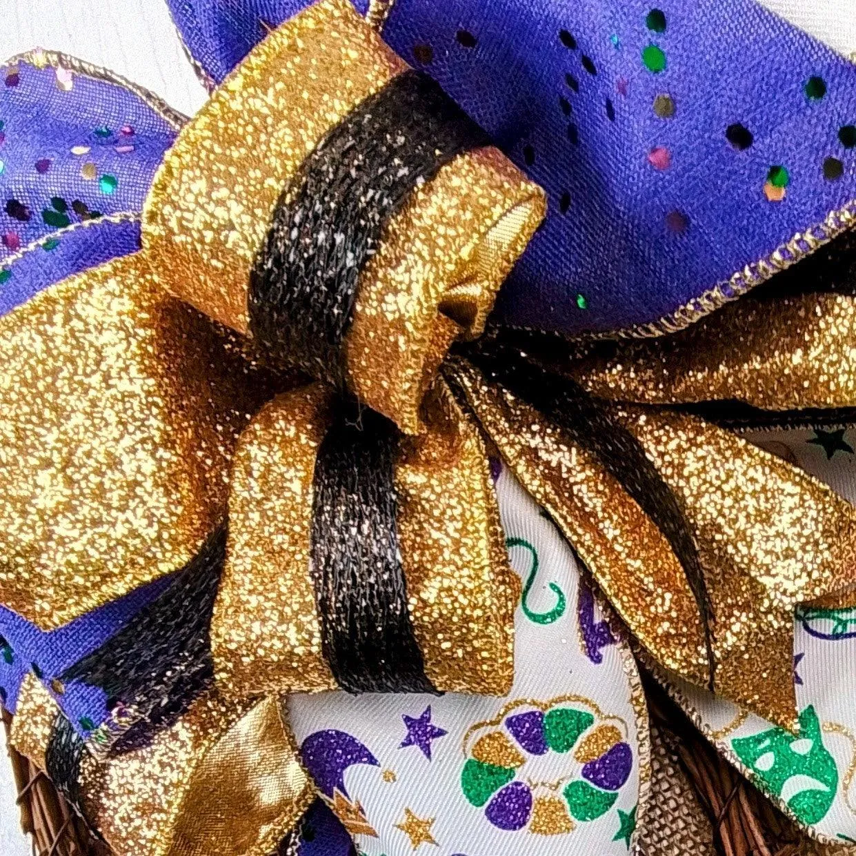 Purple Green Gold Fat Tuesday Lantern Wreath Bow - Burlap Wreath Embellishment for Making Your Own - Layered Full Handmade Farmhouse Already Made (Mardi Gras