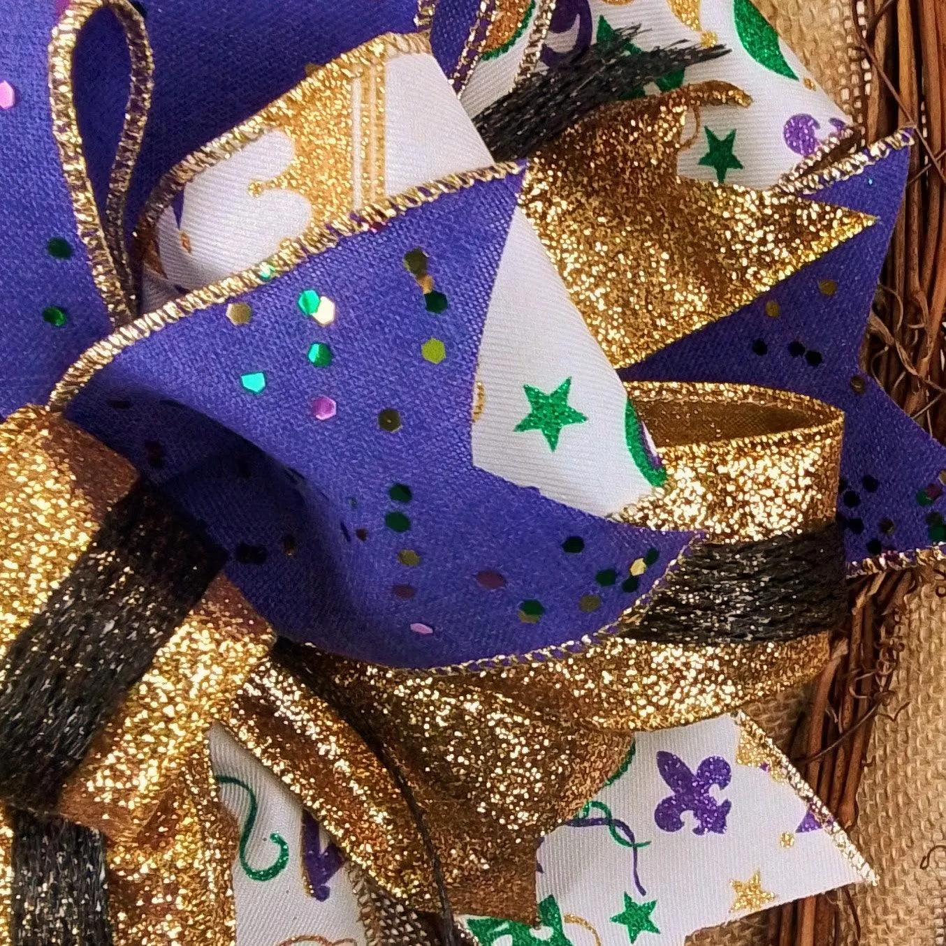 Purple Green Gold Fat Tuesday Lantern Wreath Bow - Burlap Wreath Embellishment for Making Your Own - Layered Full Handmade Farmhouse Already Made (Mardi Gras