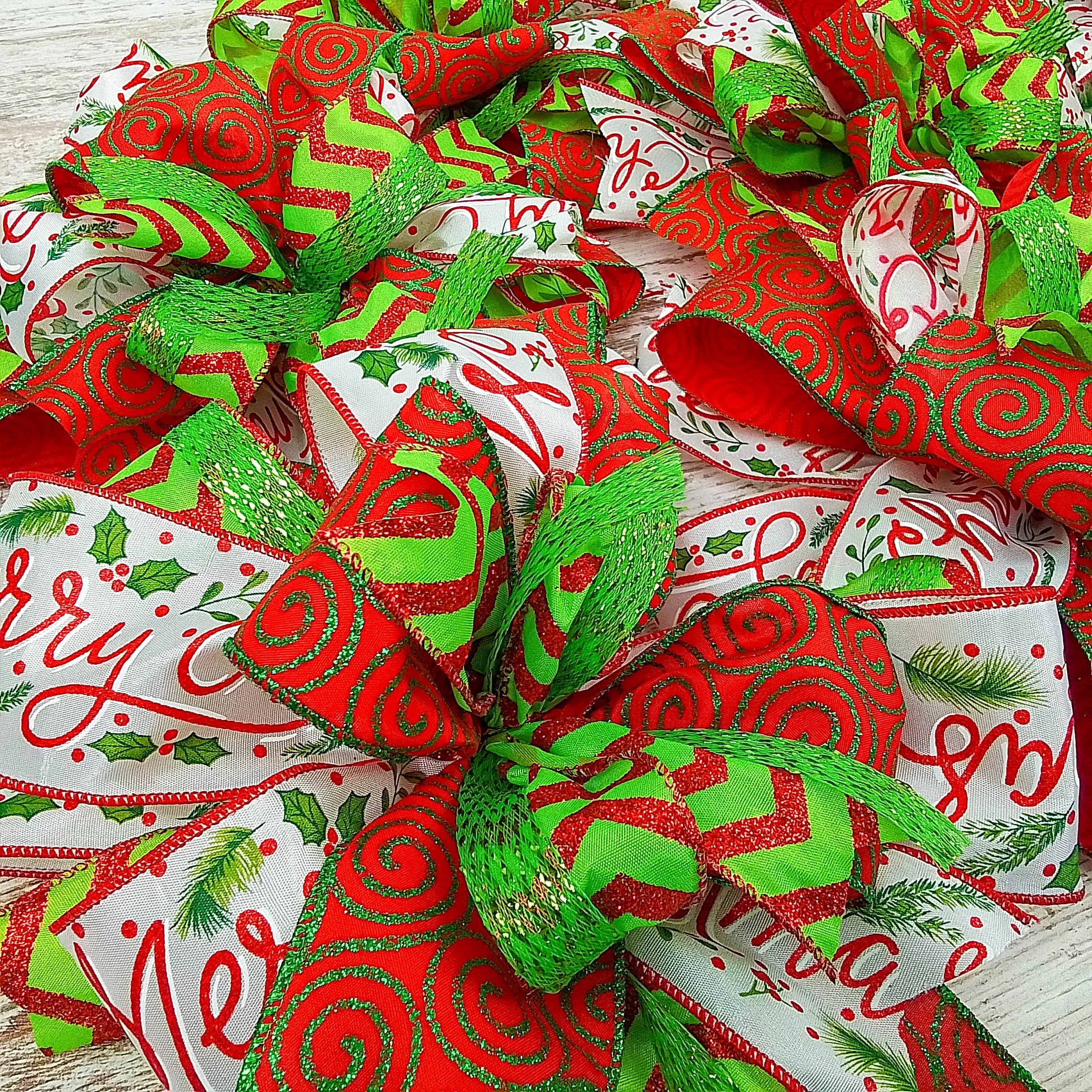 Red Lime Green Christmas Holiday Lantern Wreath Bow - Burlap Wreath Embellishment for Making Your Own - Layered Full Handmade Farmhouse Already Made