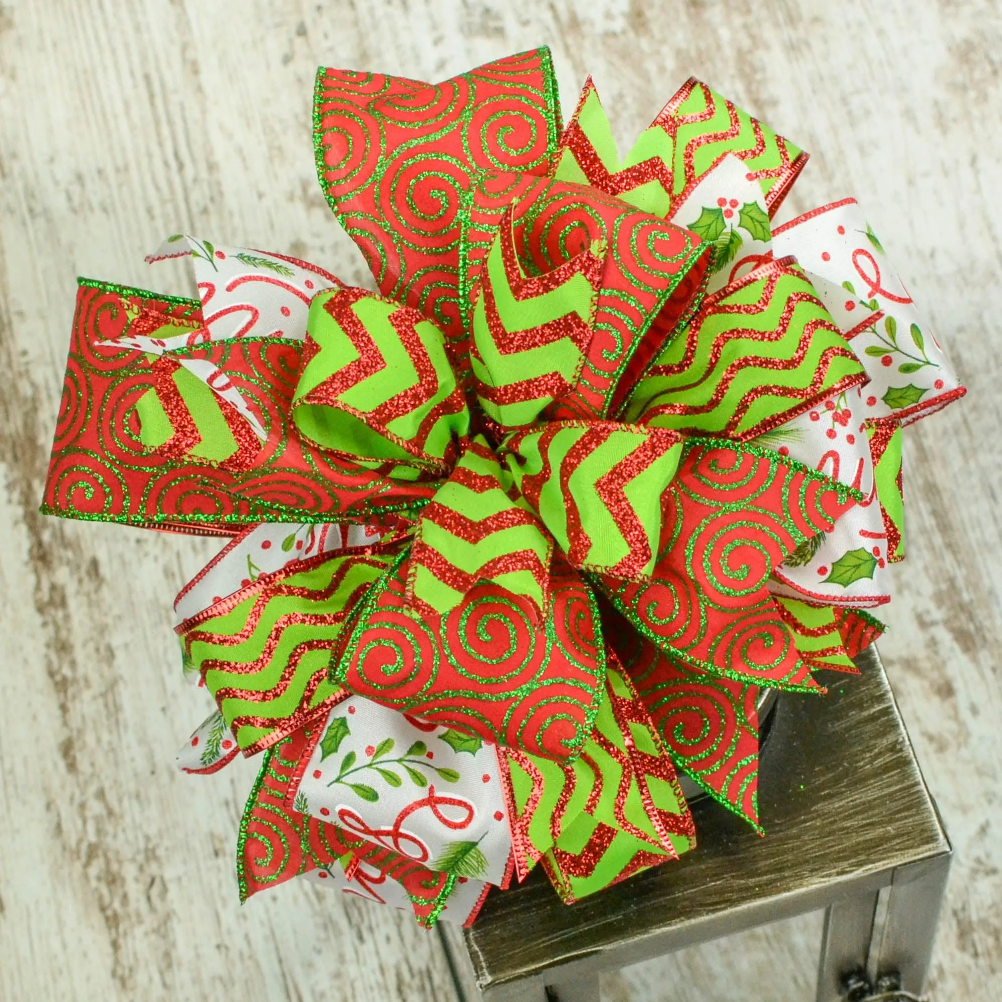 Red Lime Green Christmas Holiday Lantern Wreath Bow - Burlap Wreath Embellishment for Making Your Own - Layered Full Handmade Farmhouse Already Made