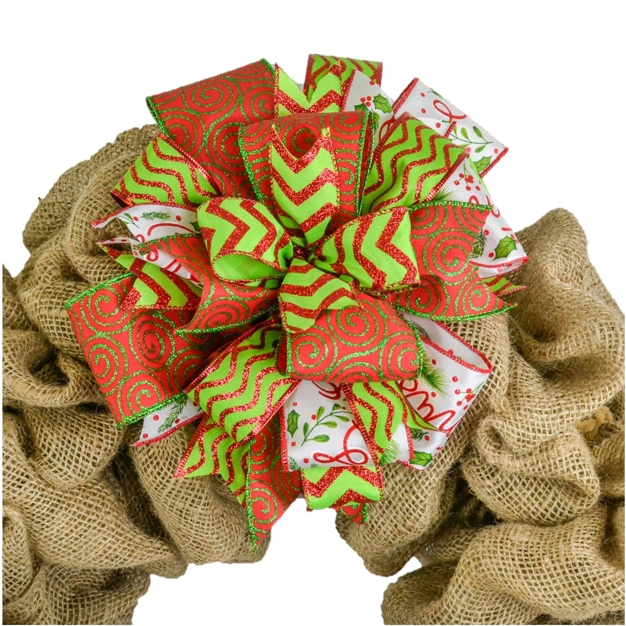 Red Lime Green Christmas Holiday Lantern Wreath Bow - Burlap Wreath Embellishment for Making Your Own - Layered Full Handmade Farmhouse Already Made