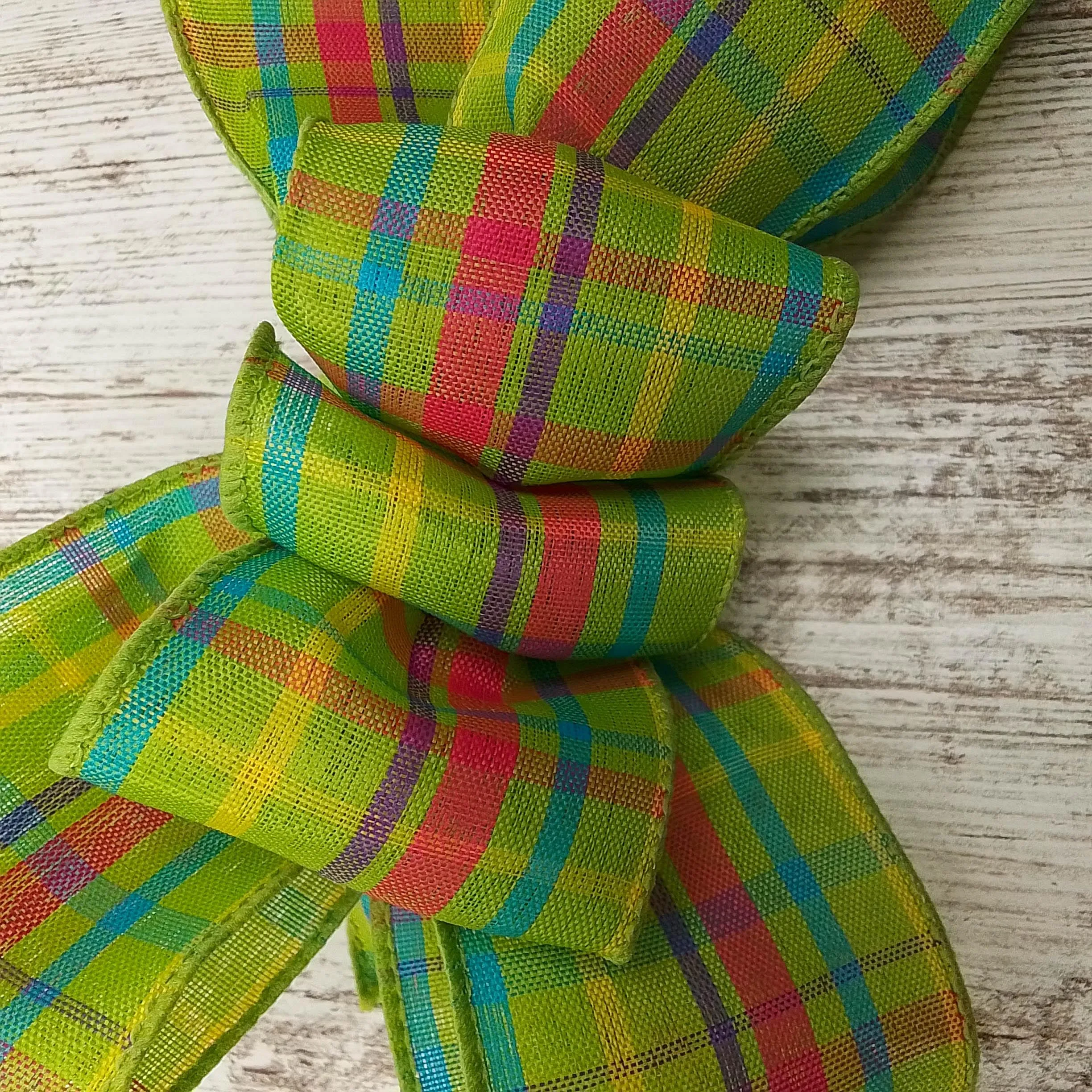 Spring Plaid Wreath Bow - Easter Wreath Embellishment for Making Your Own - Farmhouse Already Made Green Pink Turquoise