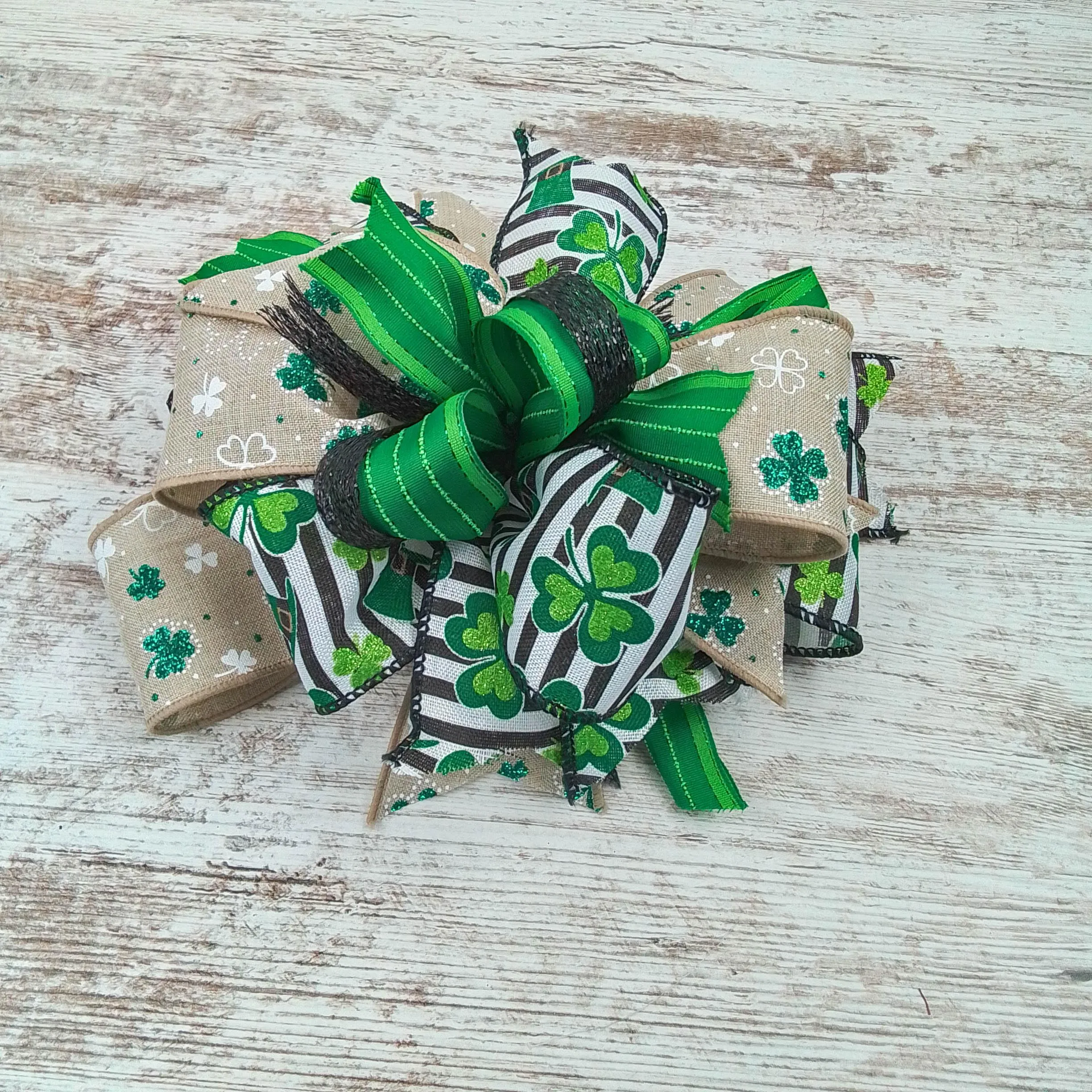 St. Patrick's Day Clover Black White Green Lantern Wreath Bow - Burlap Wreath Embellishment for Making Your Own - Layered Full Handmade Farmhouse Already Made