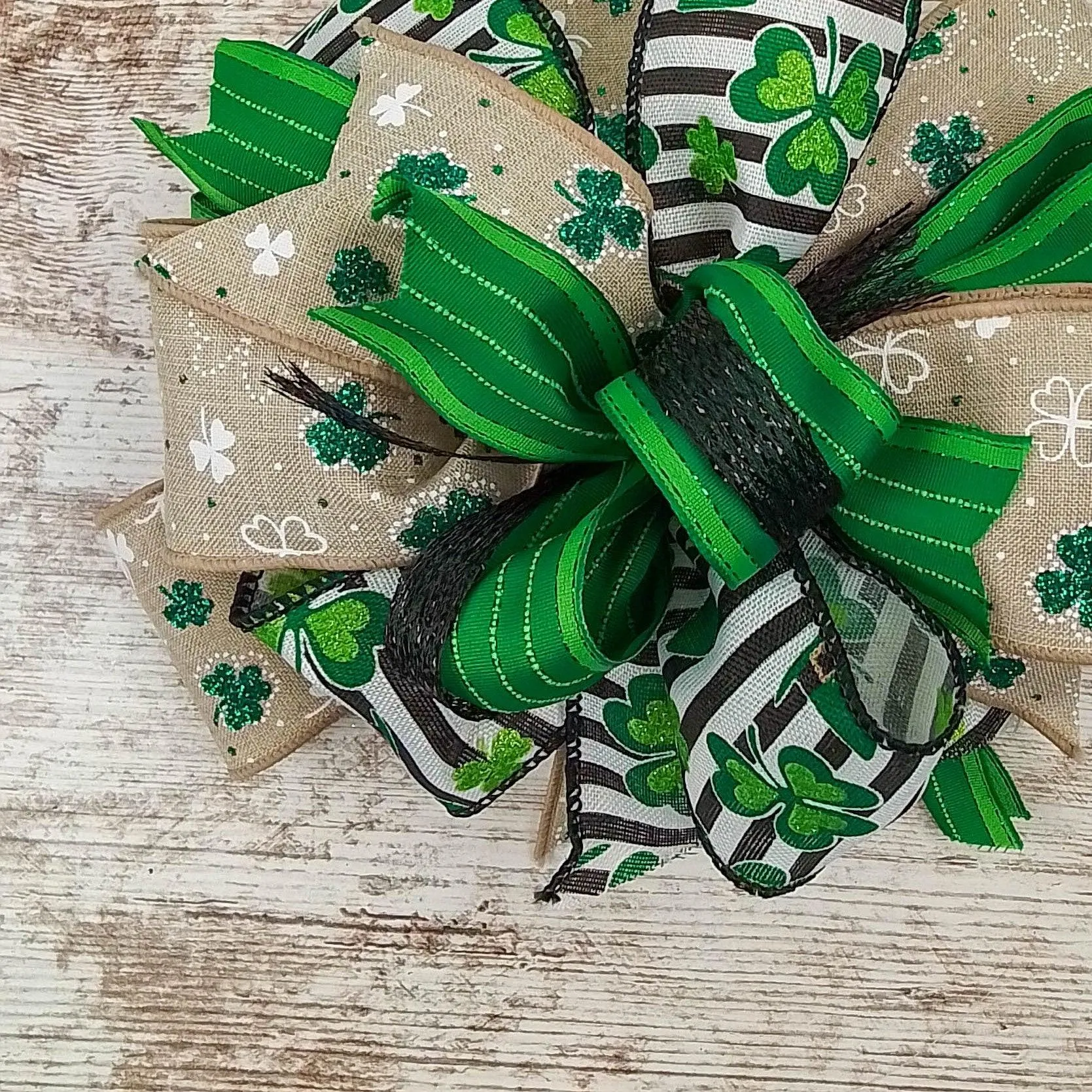 St. Patrick's Day Clover Black White Green Lantern Wreath Bow - Burlap Wreath Embellishment for Making Your Own - Layered Full Handmade Farmhouse Already Made