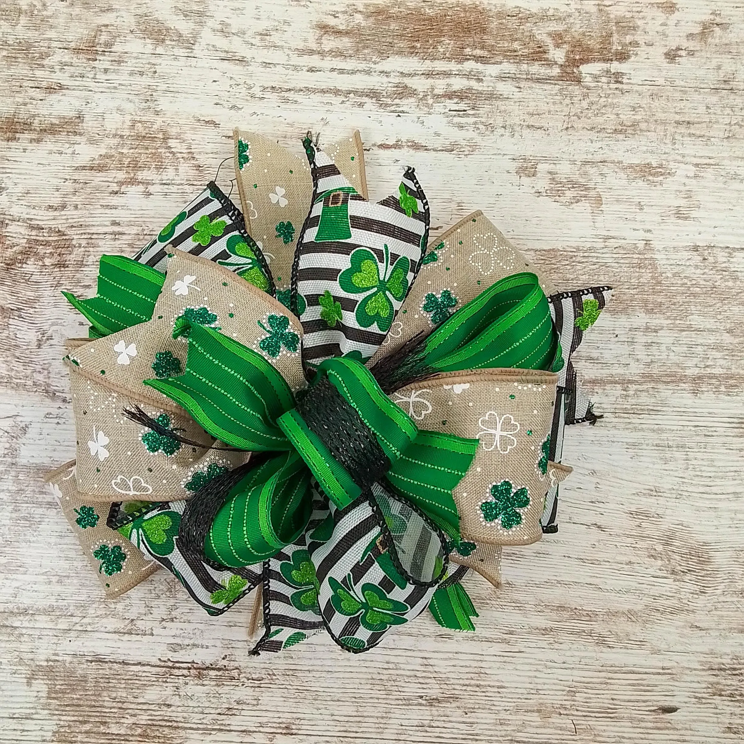 St. Patrick's Day Clover Black White Green Lantern Wreath Bow - Burlap Wreath Embellishment for Making Your Own - Layered Full Handmade Farmhouse Already Made