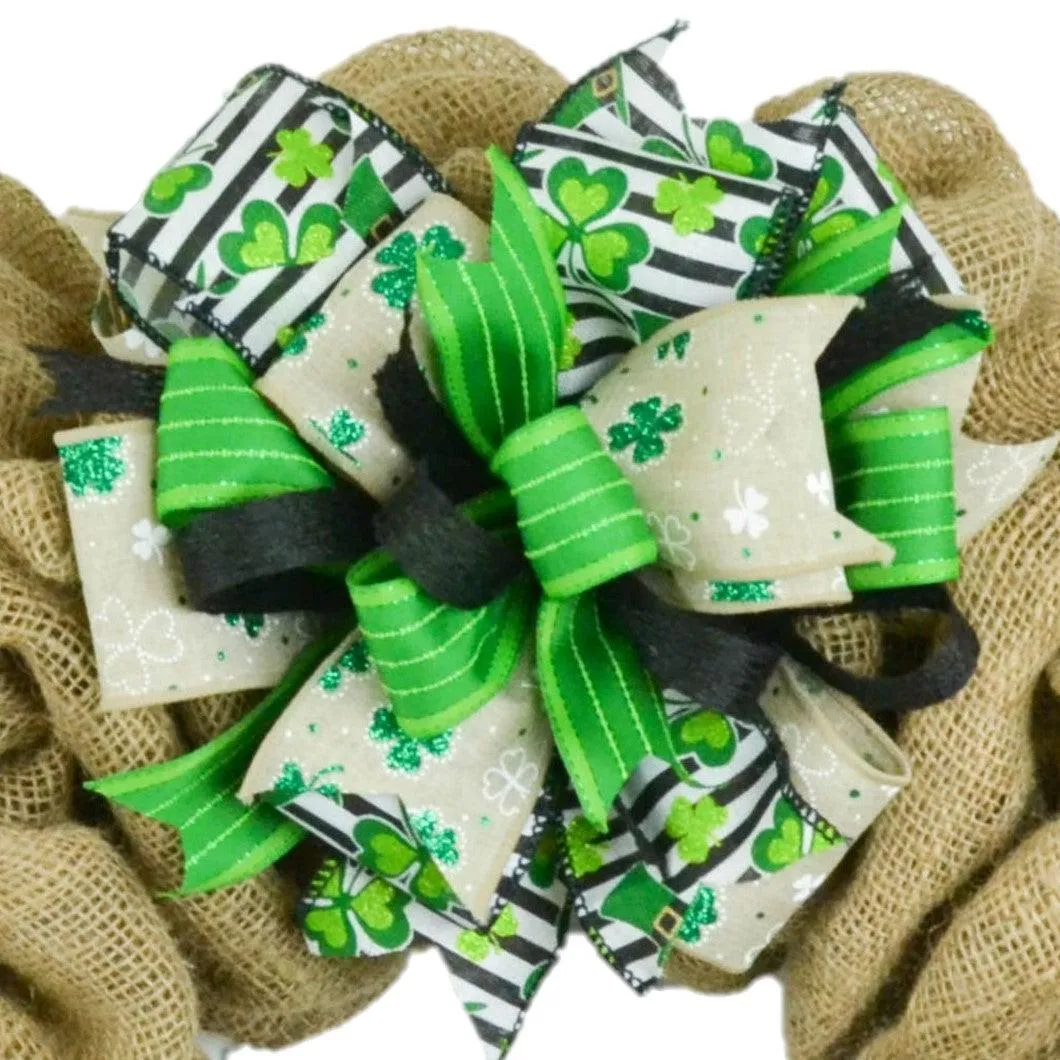 St. Patrick's Day Clover Black White Green Lantern Wreath Bow - Burlap Wreath Embellishment for Making Your Own - Layered Full Handmade Farmhouse Already Made