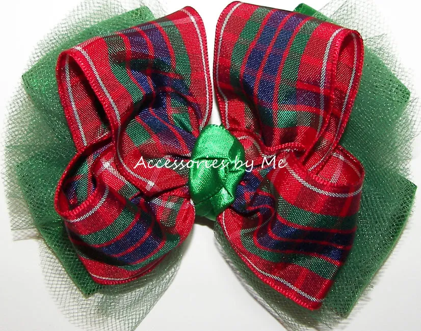 Tartan Plaid Red Royal Green Tutu Hair Bow