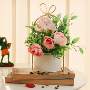 TIED RIBBONS Decorative Artificial Rose Flowers Plants with Vase Pot and Stand Decoration Items for Home Décor Living Room Kitchen Bedroom Office Table Set (20.3 cm x 10.1 cm, Multi)