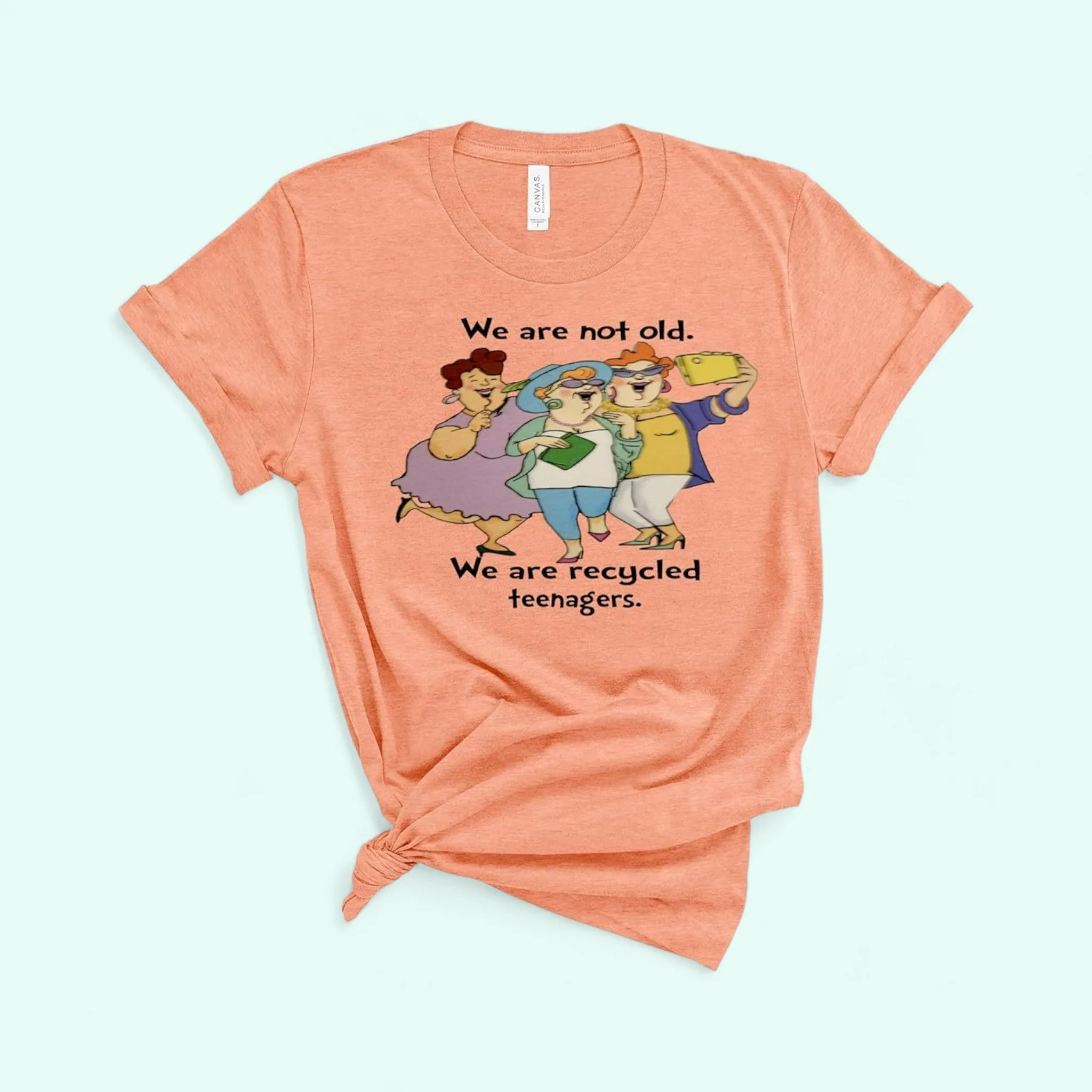 Woman funny t-shirt Graphic Tees for Women - Funny Printed Shirt with Old Ladies and Words 'WE ARE NOT OLD WE ARE RECYCLED TEENAGERS' - Cute Women's