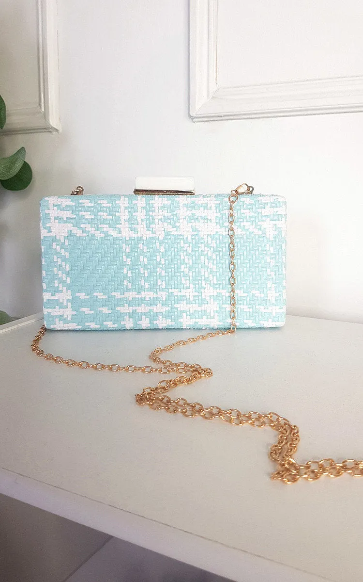 Woven Box Clutch with Long Strap Detail