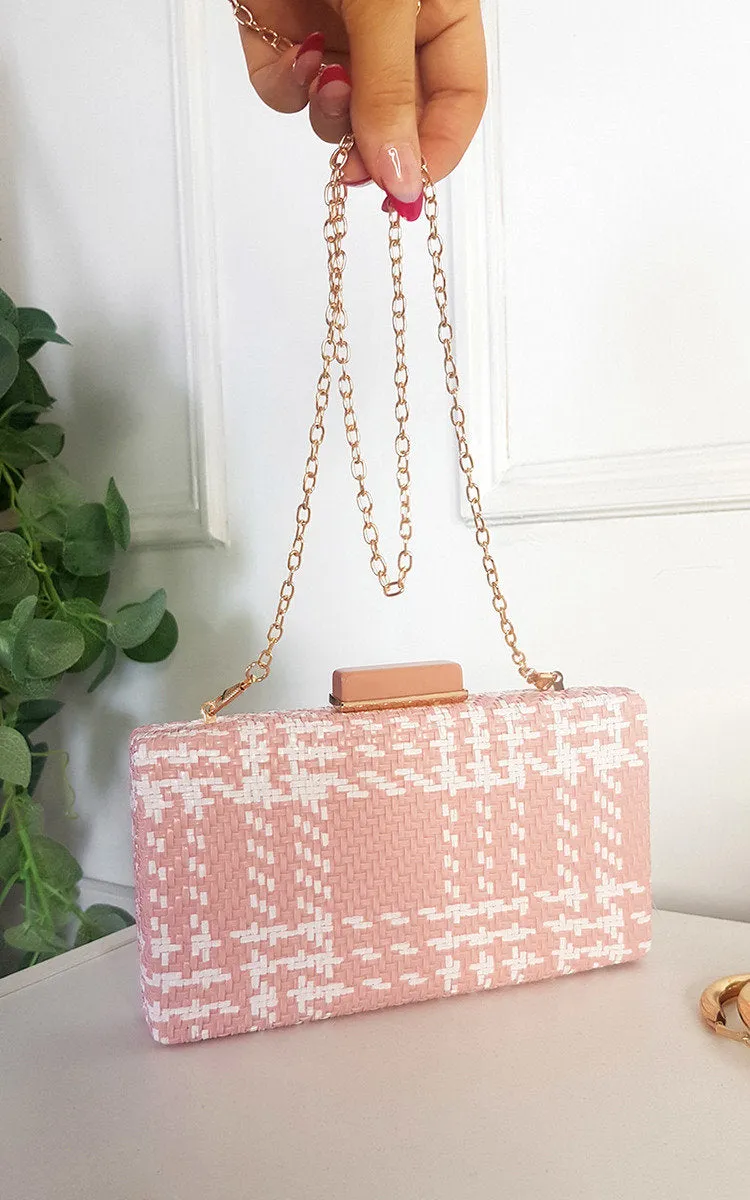 Woven Box Clutch with Long Strap Detail